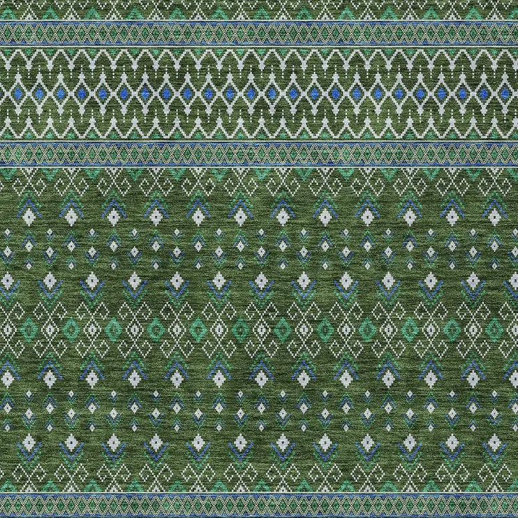 5' X 8' Olive Green And Blue Tribal Washable Indoor Outdoor Area Rug