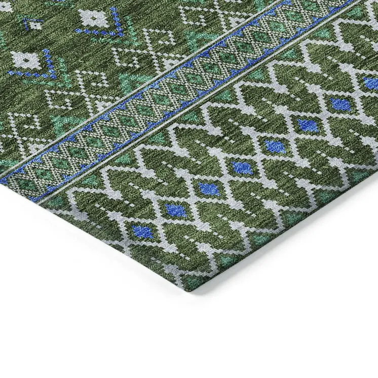 5' X 8' Olive Green And Blue Tribal Washable Indoor Outdoor Area Rug