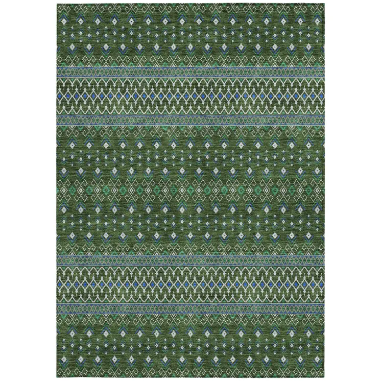 5' X 8' Olive Green And Blue Tribal Washable Indoor Outdoor Area Rug