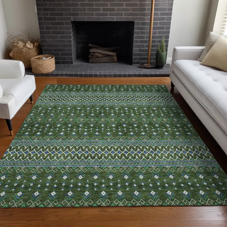 5' X 8' Olive Green And Blue Tribal Washable Indoor Outdoor Area Rug