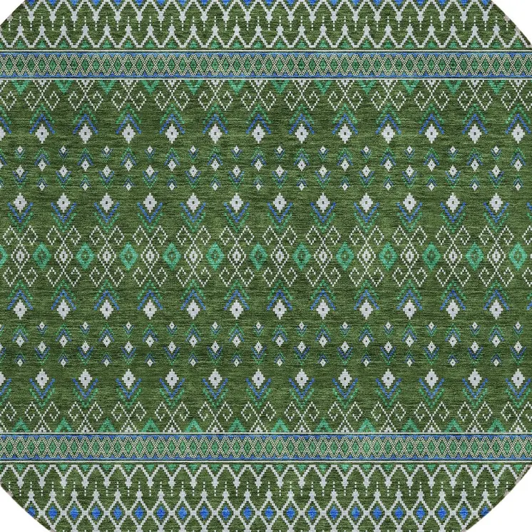 8' Olive Green And Blue Round Tribal Washable Indoor Outdoor Area Rug