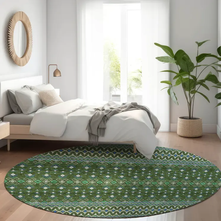 8' Olive Green And Blue Round Tribal Washable Indoor Outdoor Area Rug