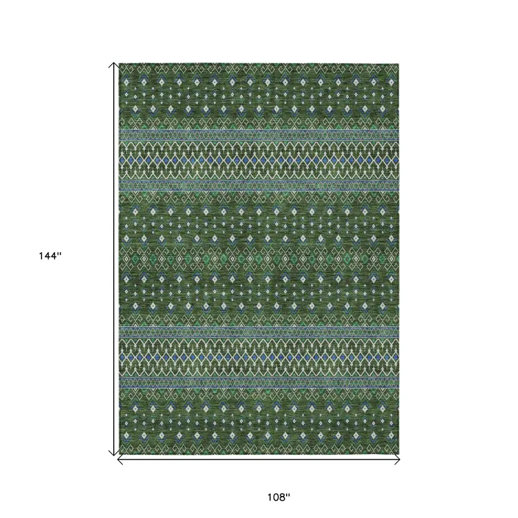 9' X 12' Olive Green And Blue Tribal Washable Indoor Outdoor Area Rug