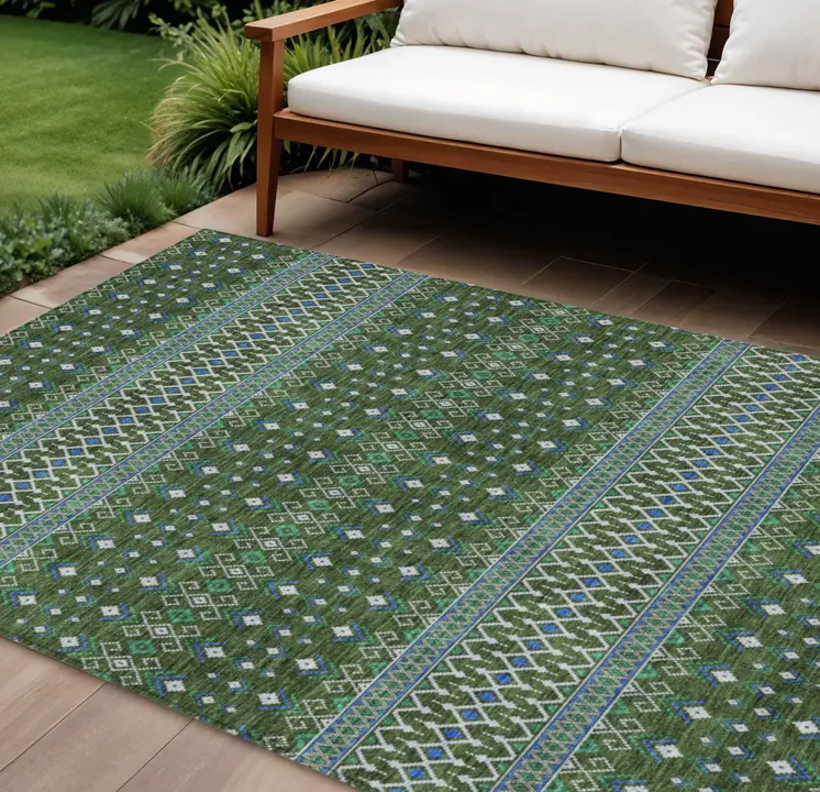9' X 12' Olive Green And Blue Tribal Washable Indoor Outdoor Area Rug