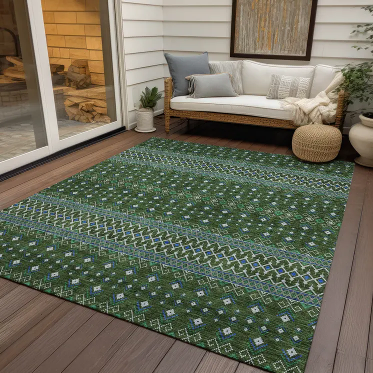 9' X 12' Olive Green And Blue Tribal Washable Indoor Outdoor Area Rug