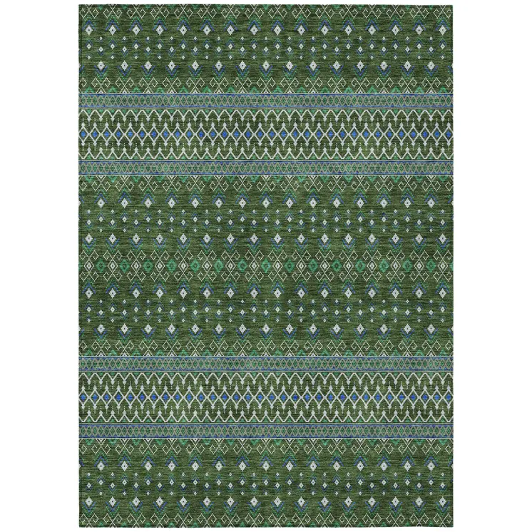 9' X 12' Olive Green And Blue Tribal Washable Indoor Outdoor Area Rug