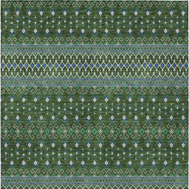 9' X 12' Olive Green And Blue Tribal Washable Indoor Outdoor Area Rug