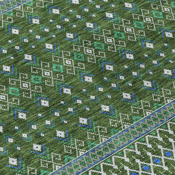 9' X 12' Olive Green And Blue Tribal Washable Indoor Outdoor Area Rug