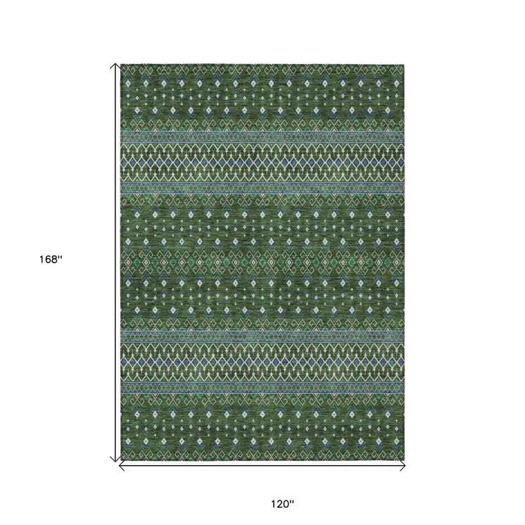 10' X 14' Olive Green And Blue Tribal Washable Indoor Outdoor Area Rug