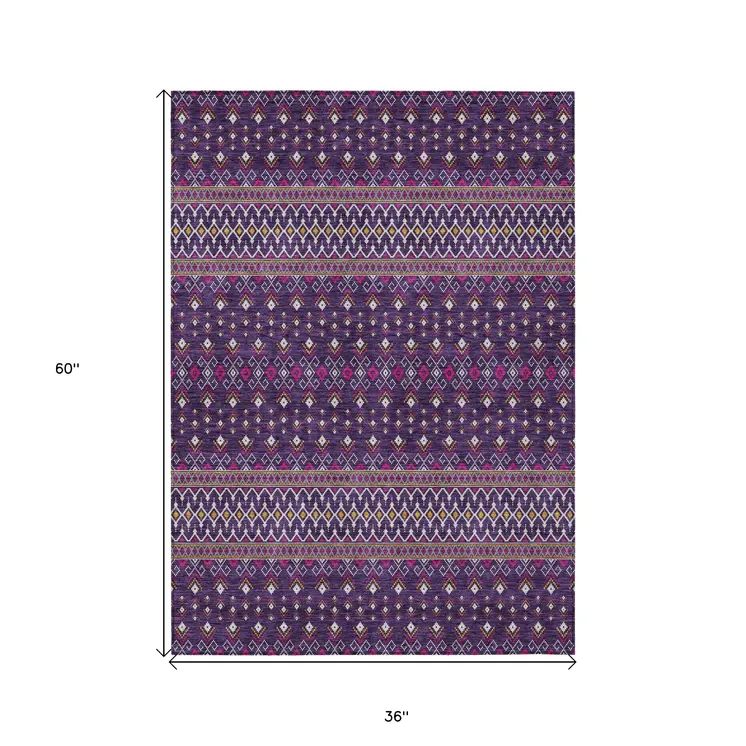3' X 5' Purple Pink And Yellow Tribal Washable Indoor Outdoor Area Rug