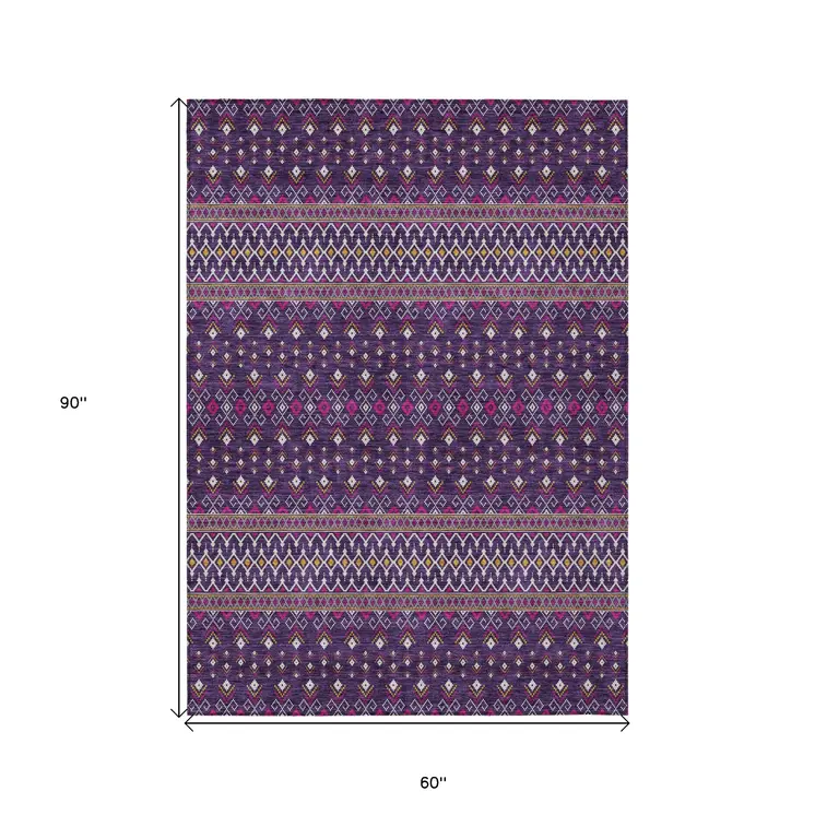 5' X 8' Purple Pink And Yellow Tribal Washable Indoor Outdoor Area Rug