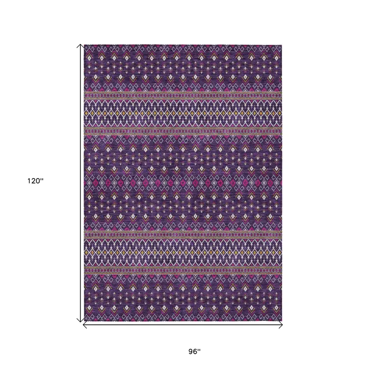 8' X 10' Purple Pink And Yellow Tribal Washable Indoor Outdoor Area Rug