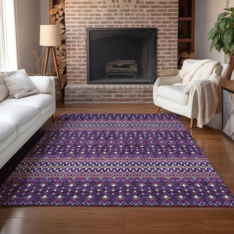 8' X 10' Purple Pink And Yellow Tribal Washable Indoor Outdoor Area Rug