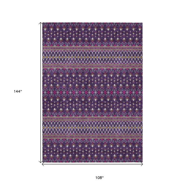 9' X 12' Purple Pink And Yellow Tribal Washable Indoor Outdoor Area Rug