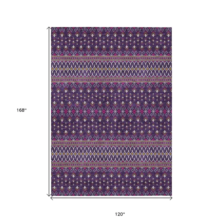 10' X 14' Purple Pink And Yellow Tribal Washable Indoor Outdoor Area Rug