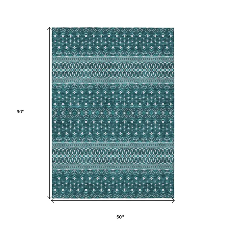 5' X 8' Teal Blue Aqua And Ivory Tribal Washable Indoor Outdoor Area Rug
