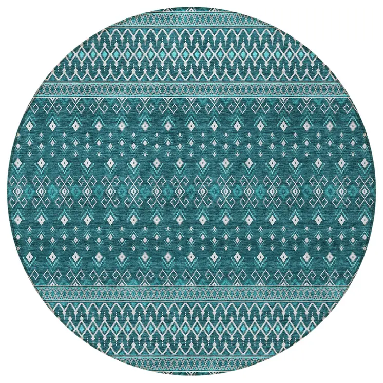 8' Teal Blue Aqua And Ivory Round Tribal Washable Indoor Outdoor Area Rug
