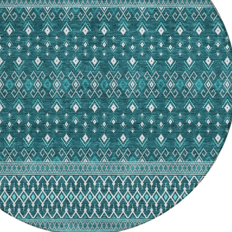 8' Teal Blue Aqua And Ivory Round Tribal Washable Indoor Outdoor Area Rug