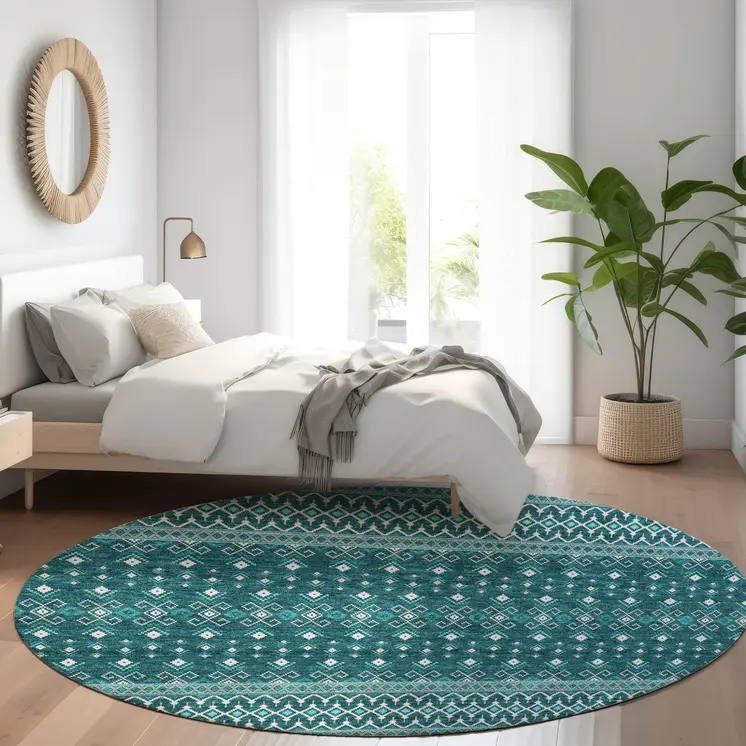 8' Teal Blue Aqua And Ivory Round Tribal Washable Indoor Outdoor Area Rug
