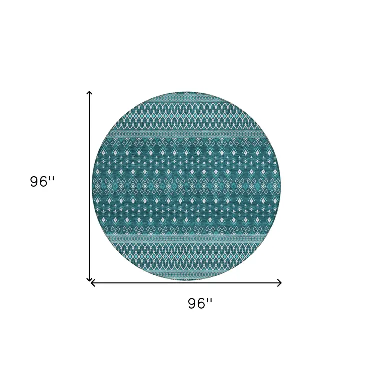 8' Teal Blue Aqua And Ivory Round Tribal Washable Indoor Outdoor Area Rug