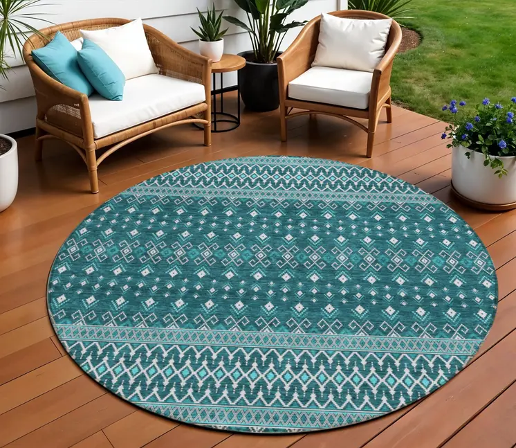 8' Teal Blue Aqua And Ivory Round Tribal Washable Indoor Outdoor Area Rug