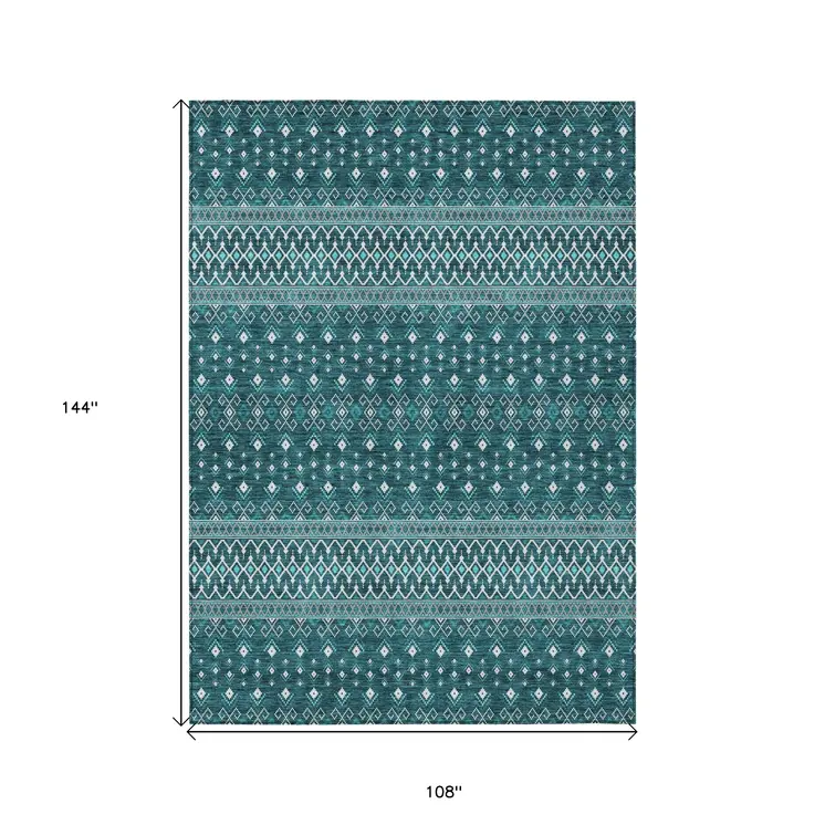 9' X 12' Teal Blue Aqua And Ivory Tribal Washable Indoor Outdoor Area Rug