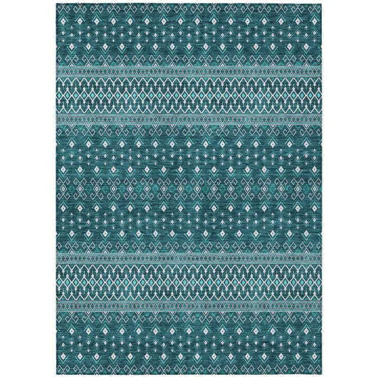 9' X 12' Teal Blue Aqua And Ivory Tribal Washable Indoor Outdoor Area Rug