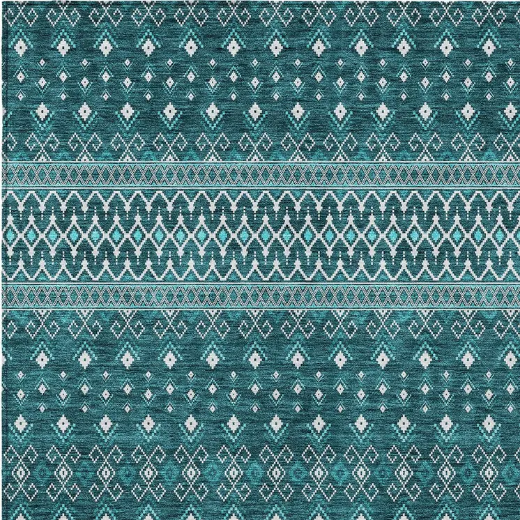 9' X 12' Teal Blue Aqua And Ivory Tribal Washable Indoor Outdoor Area Rug