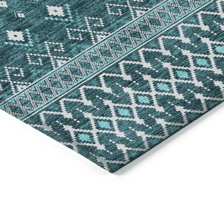 9' X 12' Teal Blue Aqua And Ivory Tribal Washable Indoor Outdoor Area Rug