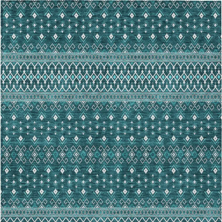 9' X 12' Teal Blue Aqua And Ivory Tribal Washable Indoor Outdoor Area Rug