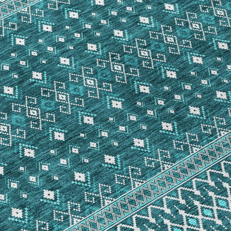 9' X 12' Teal Blue Aqua And Ivory Tribal Washable Indoor Outdoor Area Rug