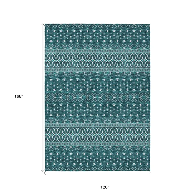 10' X 14' Teal Blue Aqua And Ivory Tribal Washable Indoor Outdoor Area Rug