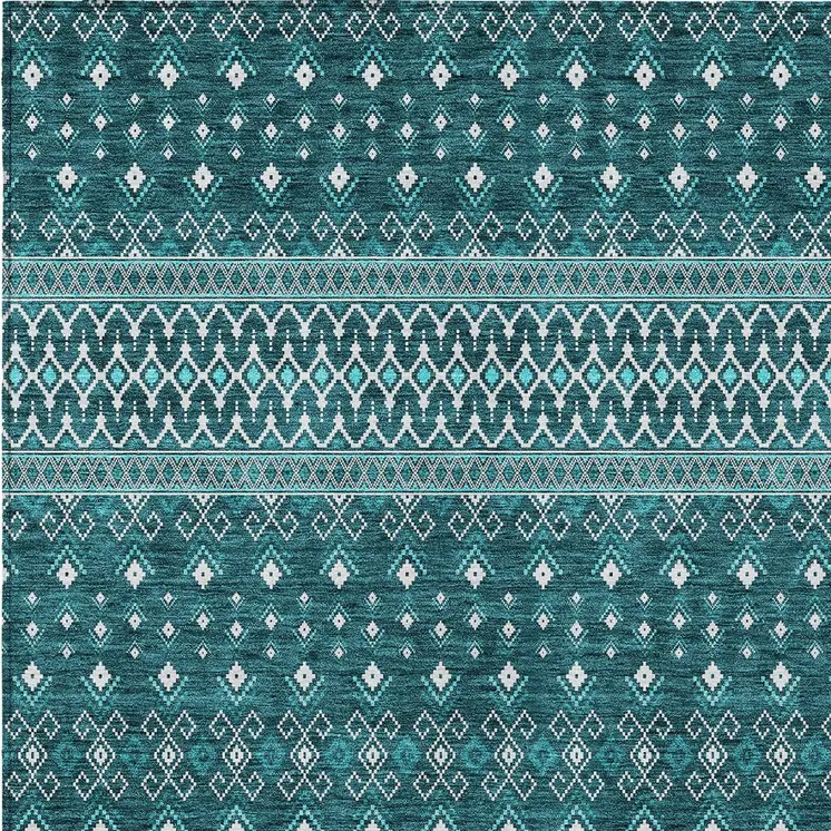10' X 14' Teal Blue Aqua And Ivory Tribal Washable Indoor Outdoor Area Rug