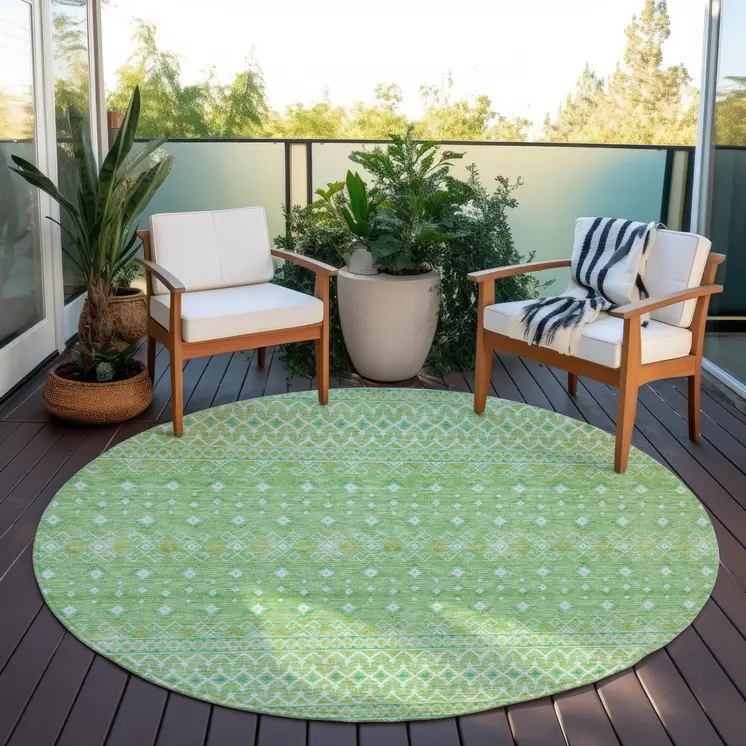 8' Green And Mint Green Round Tribal Washable Indoor Outdoor Area Rug