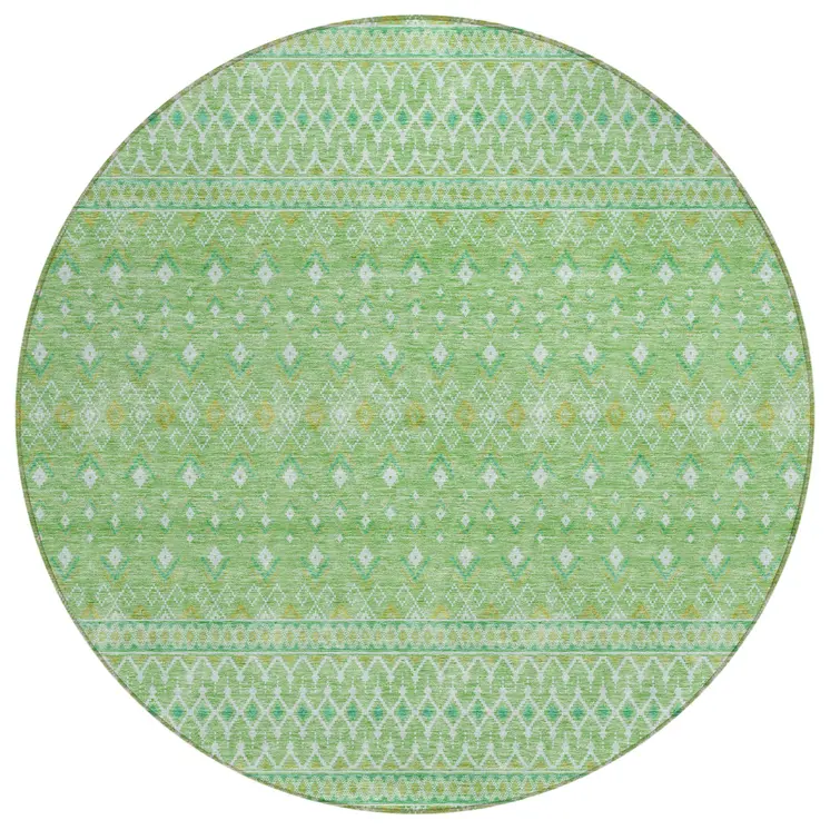 8' Green And Mint Green Round Tribal Washable Indoor Outdoor Area Rug
