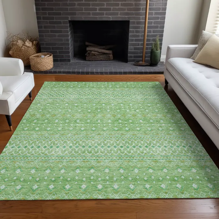 10' X 14' Green And Mint Green Tribal Washable Indoor Outdoor Area Rug