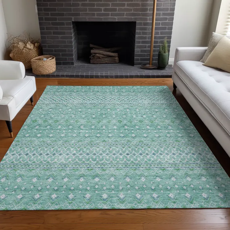 3' X 5' Aqua Teal Blue And Ivory Tribal Washable Indoor Outdoor Area Rug