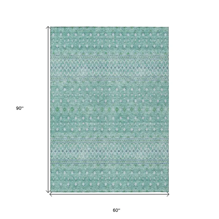 5' X 8' Aqua Teal Blue And Ivory Tribal Washable Indoor Outdoor Area Rug