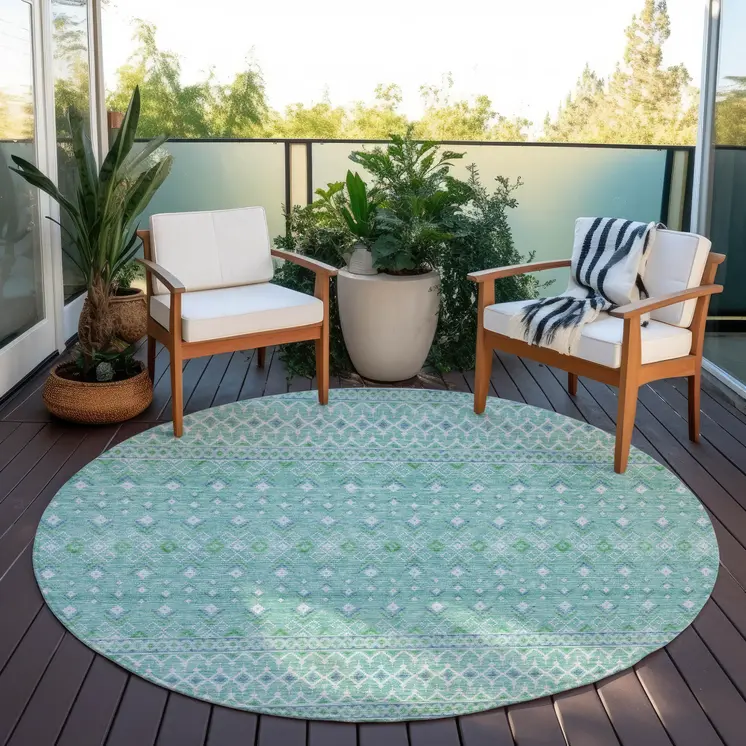 8' Aqua Teal Blue And Ivory Round Tribal Washable Indoor Outdoor Area Rug