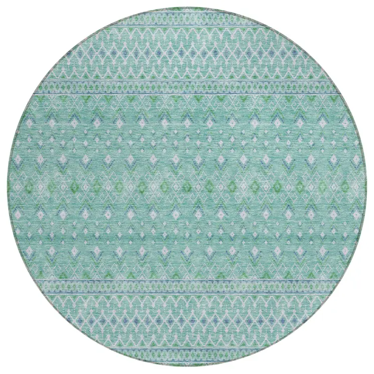 8' Aqua Teal Blue And Ivory Round Tribal Washable Indoor Outdoor Area Rug
