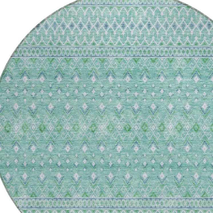 8' Aqua Teal Blue And Ivory Round Tribal Washable Indoor Outdoor Area Rug