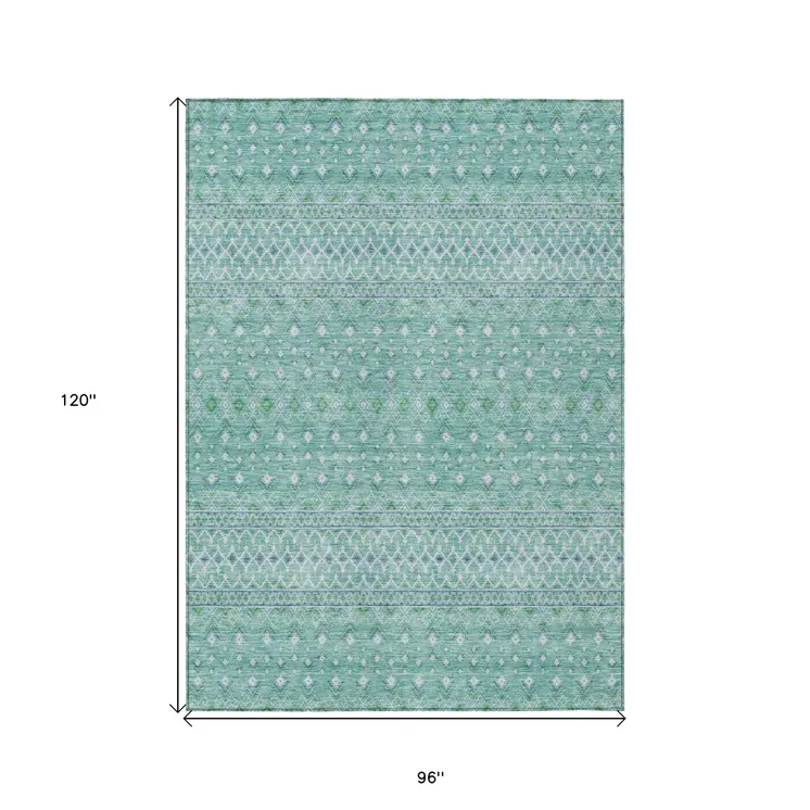 8' X 10' Aqua Teal Blue And Ivory Tribal Washable Indoor Outdoor Area Rug
