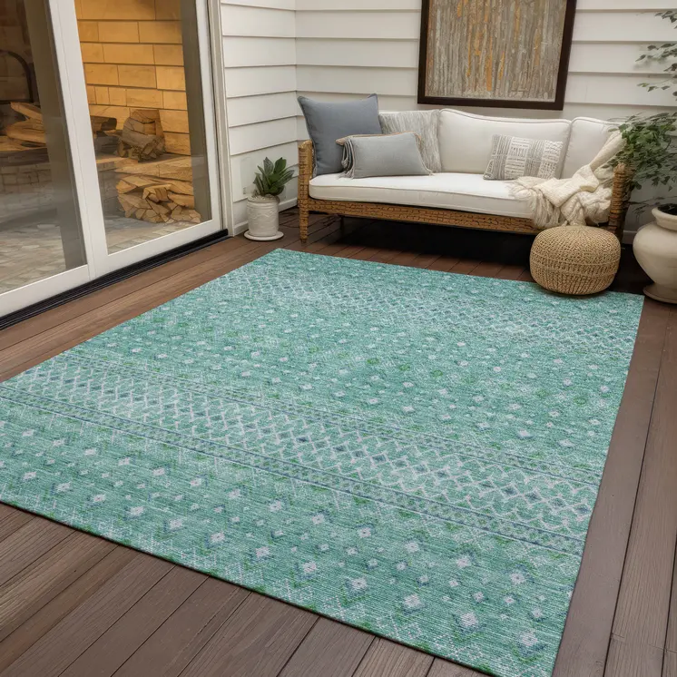 8' X 10' Aqua Teal Blue And Ivory Tribal Washable Indoor Outdoor Area Rug