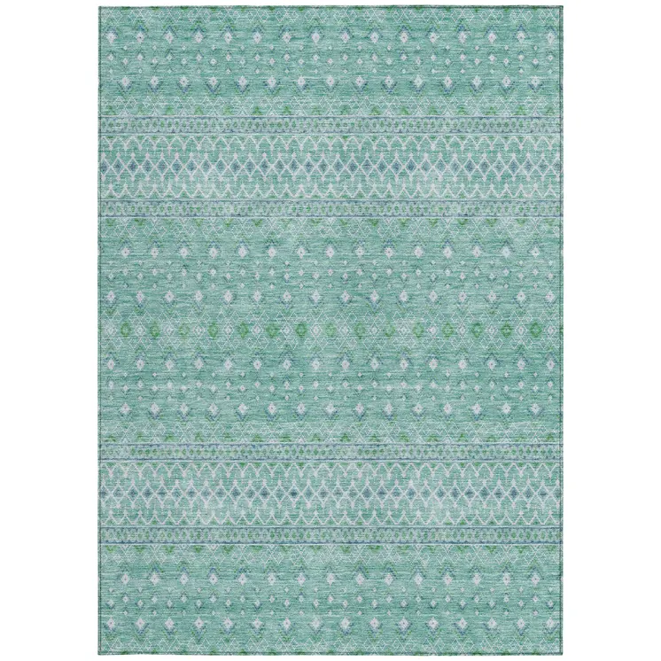 8' X 10' Aqua Teal Blue And Ivory Tribal Washable Indoor Outdoor Area Rug