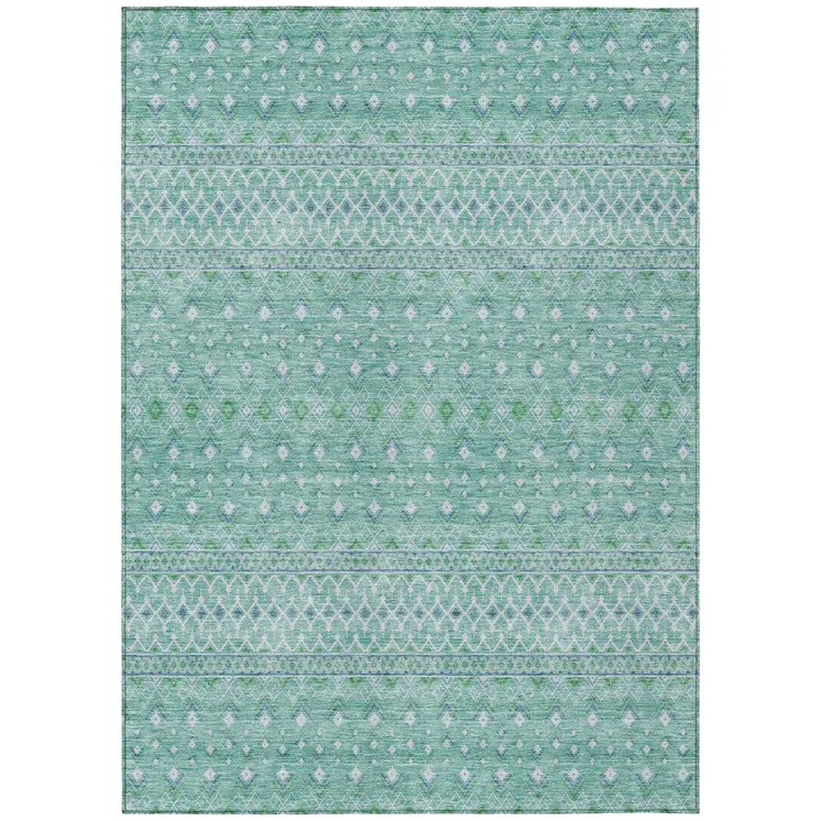 10' X 14' Aqua Teal Blue And Ivory Tribal Washable Indoor Outdoor Area Rug