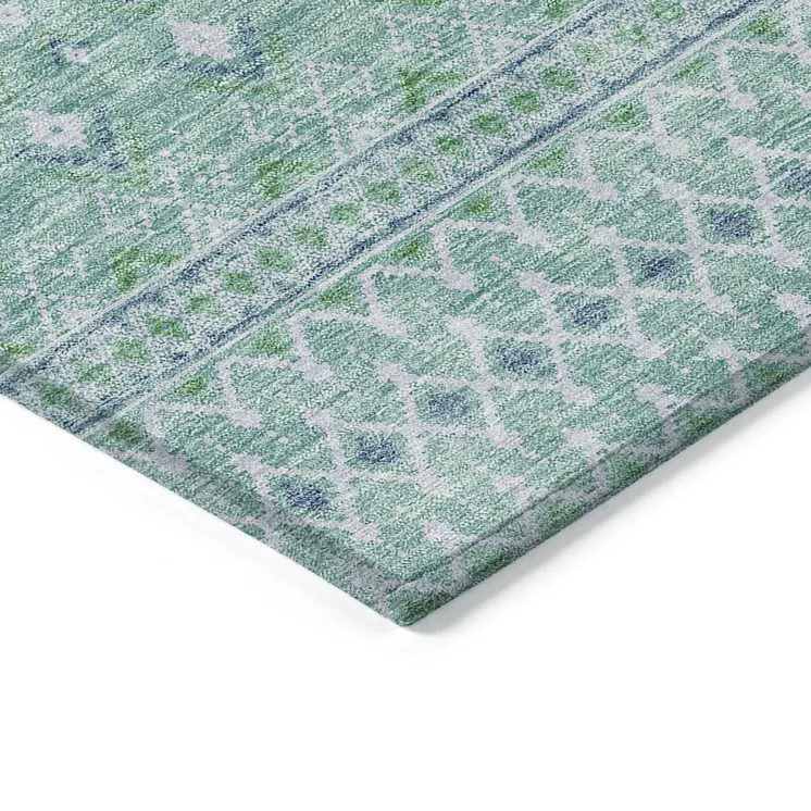 10' X 14' Aqua Teal Blue And Ivory Tribal Washable Indoor Outdoor Area Rug