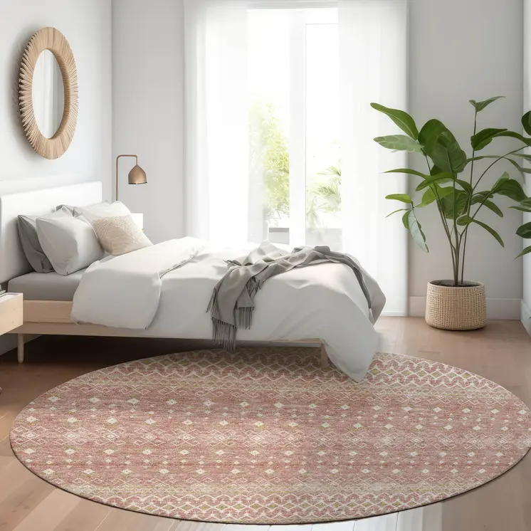 8' Blush Gold And Ivory Round Tribal Washable Indoor Outdoor Area Rug