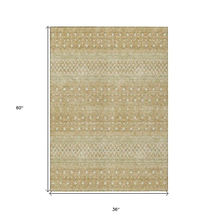 3' X 5' Copper Ivory And Olive Green Tribal Washable Indoor Outdoor Area Rug