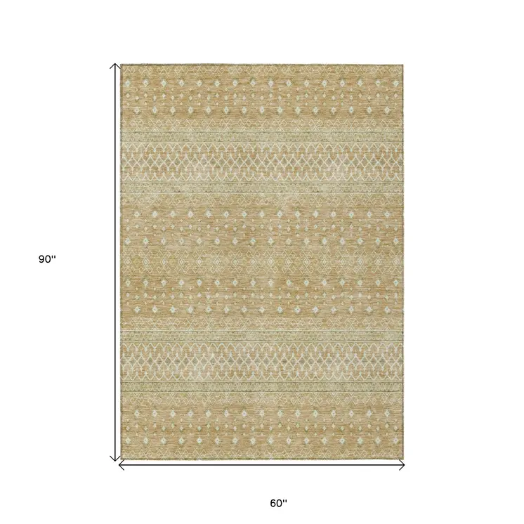 5' X 8' Copper Ivory And Olive Green Tribal Washable Indoor Outdoor Area Rug