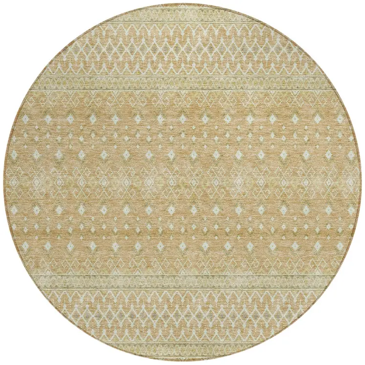 8' Copper Ivory And Olive Green Round Tribal Washable Indoor Outdoor Area Rug